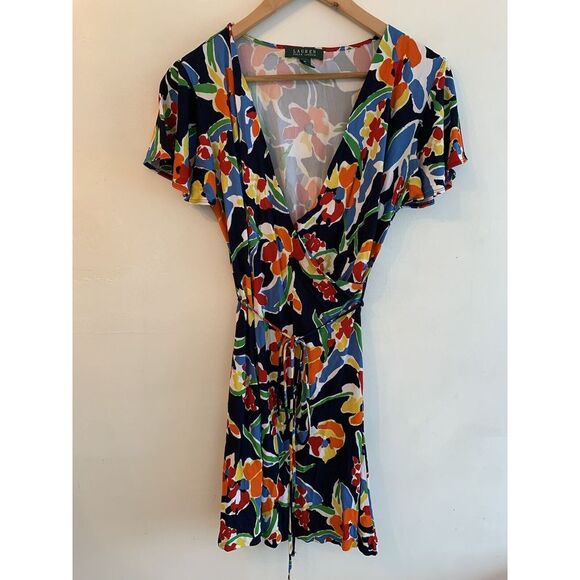 Lauren Ralph Lauren Women Faux Wrap Dress Size M Floral Print Mid Length Rainbow - Picture 1 of 11